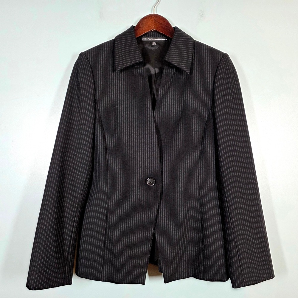 Linda Allard Ellen Tracy Pinstripe Wool Blazer Black White One Button TEMU2766
